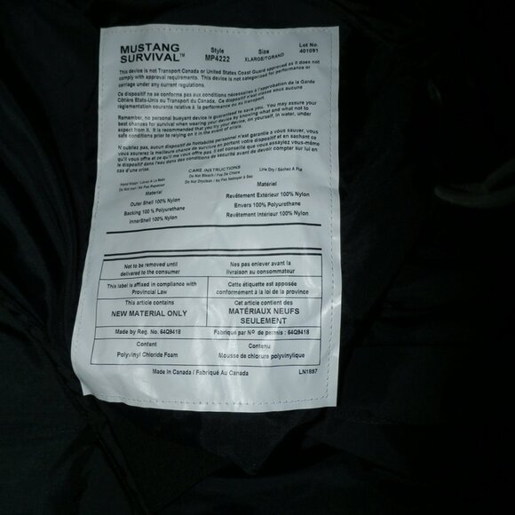 Mustang Survival Integrity Flotation Bib Pant MP4222 X-Large Black New w/ Tags - Picture 15 of 16